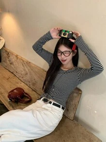 DAZY 女士圆领条纹韩版休闲长袖T恤，春秋装，秋季女装 - 灰色 - 查看 3