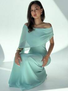 Aloruh New Off Shoulder Boat Neck Asymmetric Ruffle Fitted Dress, Elegant Birthday Party Cocktail Dress, Long Maxi Green Mermaid Hem Gown,Fall Dresses For Women,Prom Dress,Fall Wedding Guest Dress