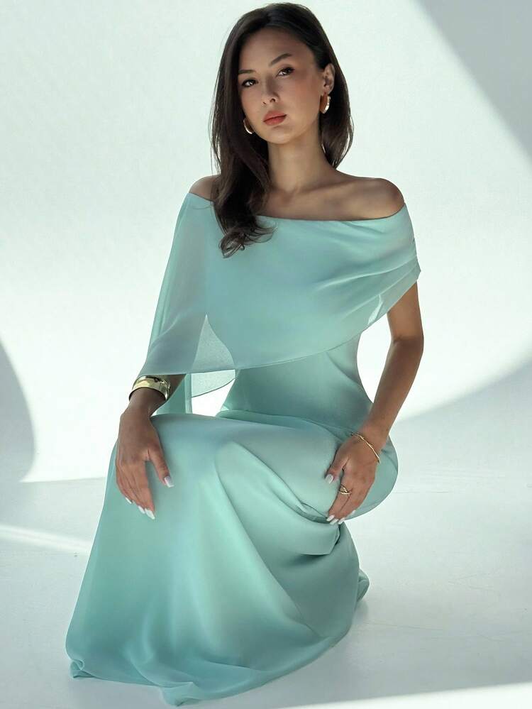 Aloruh New Off Shoulder Boat Neck Asymmetric Ruffle Fitted Dress, Elegant Birthday Party Cocktail Dress, Long Maxi Green Mermaid Hem Gown,Fall Dresses For Women,Prom Dress,Fall Wedding Guest Dress - Green - View 4