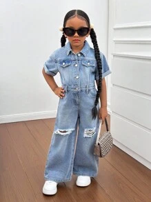 SHEIN 年轻女孩蓝色牛仔破洞衬衫式连体裤，酷炫街头造型