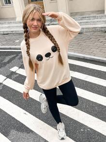 SHEIN Leap Crew Teen Girls Panda Print Drop Shoulder Pullover & Leggings - Apricot - View 1
