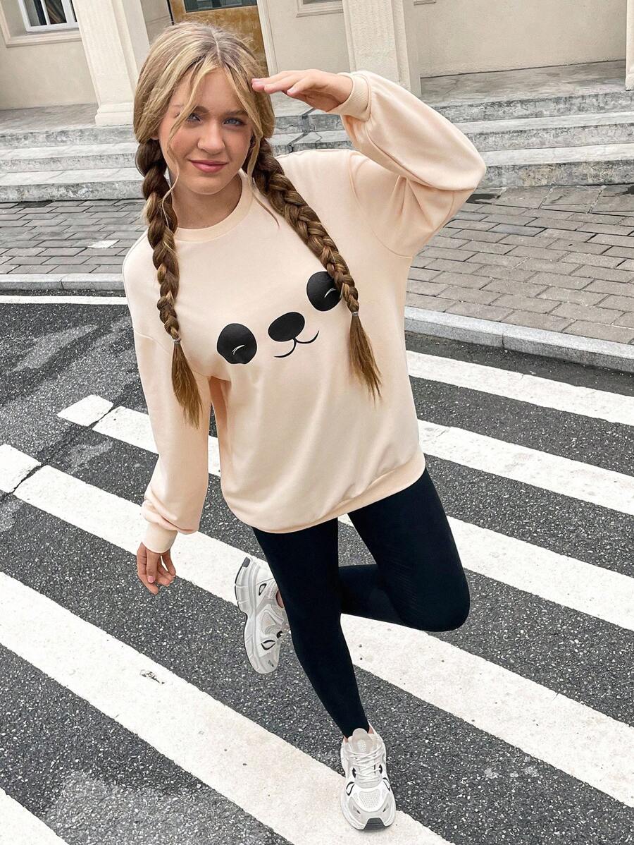 SHEIN Leap Crew Teen Girls Panda Print Drop Shoulder Pullover & Leggings - Apricot - View 1