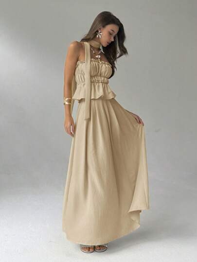 Aloruh Conjunto de top corto y falda con volantes de unicolor para mujer, de moda