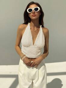 Aloruh New Macaron Knitted Jacquard Textured Fabric Halter Tie-Up Sexy Backless Deep V Neck Camisole - Apricot - View 3