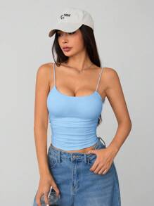 SHEIN PETITE Áo ba lỗ hở ngực bó sát cổ tròn thoáng khí cơ bản màu trắng dành cho nữ - Màu xanh nhạt - Xem 10