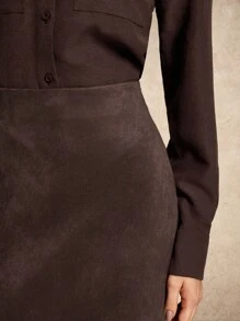 House of One Solid Brown Suede High-Waist Pencil Midi Skirt Women Elegant Old Money Office Fall Women Clothes Casual Spring Fall Fall Outfits Business Professional Women Business Casual Woman