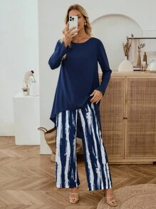 EMERY ROSE 2件套女式休闲前短后长上衣和印花裤套装