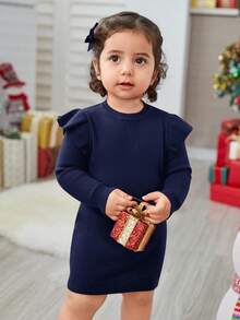 SHEIN 女婴圣诞秋冬可爱红色简约荷叶边长袖毛衣裙 - 藏蓝色 - 查看 1