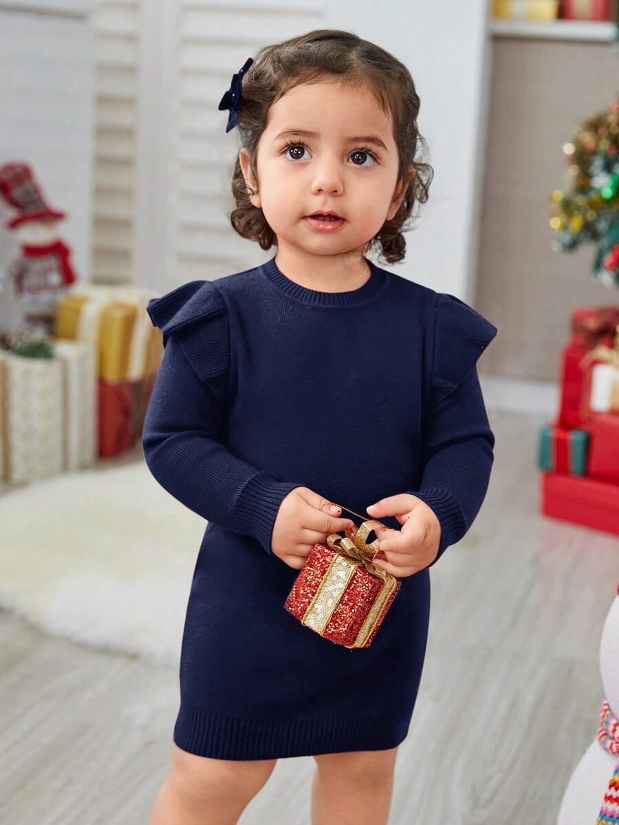 SHEIN 女婴圣诞秋冬可爱红色简约荷叶边长袖毛衣裙 - 藏蓝色 - 查看 1