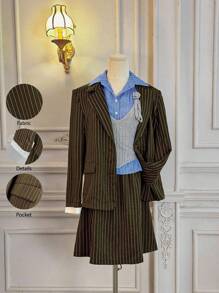 SHEIN MOD 2pcs Women Striped Long Sleeve Jacket & Midi Skirt Casual Suit Set Blazer Skirt Set Women Suit Set Skirt Suits For Women - Brown - View 1