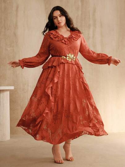  Anewsta Women Plus Size Collar Long Sleeve Elegant Ruffled Metallic Floral Decor Belt Dress