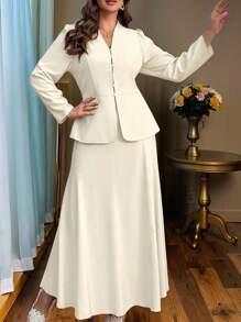 Auvina Bộ 2 món trang phục thanh lịch cho nữ cỡ lớn, áo sơ mi màu trơn có dây buộc sau lưng, tay dài và chân váy ngắn, thường ngày - Màu be - Xem 5