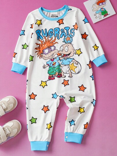 Nick 90s | SHEIN Baby Boy Cartoon Cute Cartoon Figure Graphic & Colorful Star Print Blue & White Contrast Long Sleeve Romper, Suitable For Autumn/Winter Fall