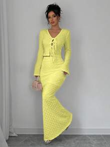 Selianne 2pcs Set: Textured Solid Color Long Sleeve Top And Skirt Fall Cloth For Women - Light Yellow - View 3