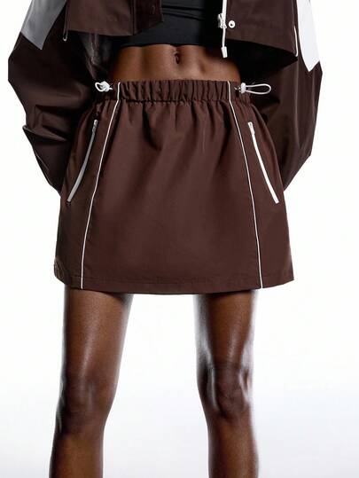 LYSMO 2025 New Arrive Minimalism Fall Winter  Women Summer Casual Contrast Color Drawstring Waist Skirt Brown Skirt Elastic Waist Skirt Brown Mini Skirt Athletic Skirt Skort Skirt With Zipper Pockets