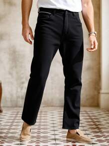 Manfinity VCAY Calça jeans masculina casual com cinto e decoração, adequada para uso diário, calça preta masculina, calça jeans larga masculina, calça jeans preta - Preto - Ver 1