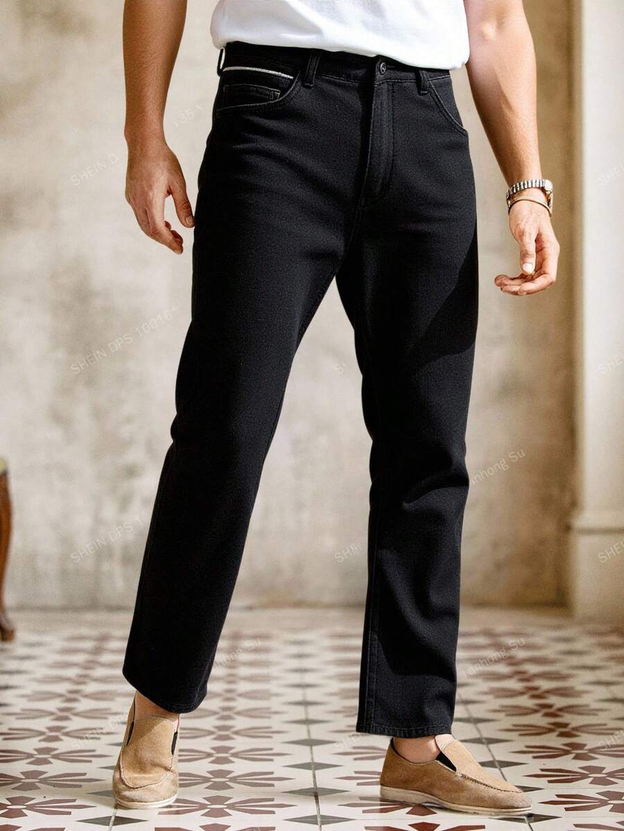 Manfinity VCAY Calça jeans masculina casual com cinto e decoração, adequada para uso diário, calça preta masculina, calça jeans larga masculina, calça jeans preta - Preto - Ver 1