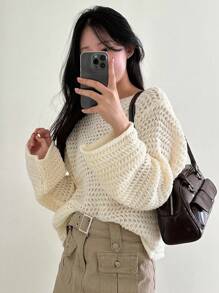 DAZY Hollow Out One-Shoulder Loose Knit Sweater Women, Cropped Flare Sleeve Pullover Fall - Apricot - View 5