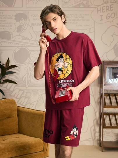 Astro Boy X SHEIN Ensemble pyjama homme d'été, Top à manches courtes avec motif graphique de dessin animé et short, décontracté
