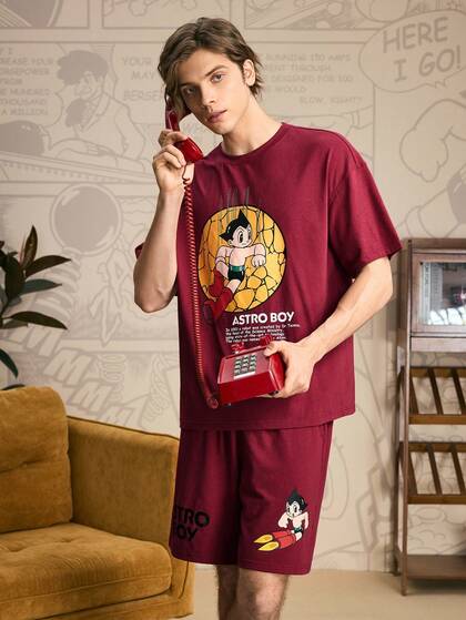 Astro Boy X SHEIN Ensemble pyjama homme d'été, Top à manches courtes avec motif graphique de dessin animé et short, décontracté