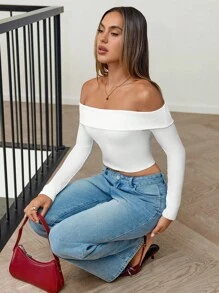 Siren Gaze Off Shoulder Gấp lại Off Shoulder Áo phông Crop - trắng - Xem 6