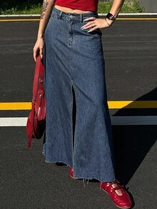 DAZY Women's Casual A-Line Denim Skirt With Pockets And Side Slit