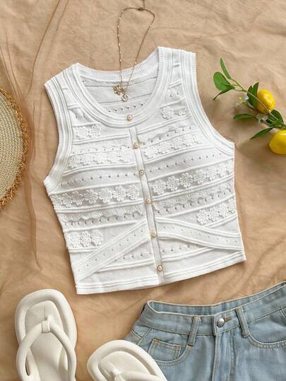 Soleia 女士度假休闲圆领拼布纽扣装饰针织纹理分层毛衣背心，波西米亚风，波西米亚风，浪漫花卉，度假白色短款上衣女士白色背心女士白色夏季上衣