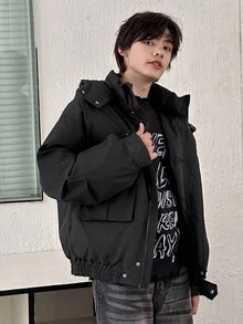 Dazy Kids 青少年男孩纯色实用口袋拉链前休闲连帽冬季夹克 - 黑色 - 查看 5