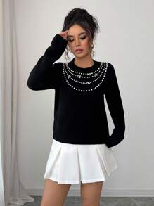 Selianne Women's Faux Pearl & Rhinestone Embellished Crew Neck Loose Fit Elegant Sweater Fall Winter Cloth For Women - Black - View 4