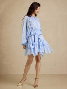 Briarwyn 女式条纹纽扣设计灯笼袖荷叶边下摆时尚连衣裙 - 淺藍色 - 查看 6