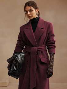 SHEIN X Jwoww Anewsta Women's Grey Midi Length Belted Notched Collar Overcoat, Christmas - Burgundy - View 3