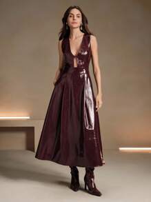 Anewsta Women's Long V-Neck Red Dress Burgundy Maxi PU Leather Women Outfit - Burgundy - View 7