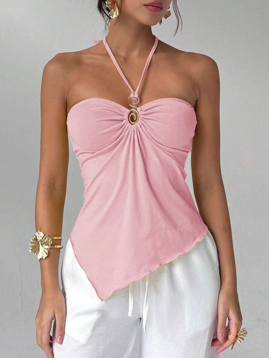 Aloruh 女式夏季时尚纯色不对称下摆露背吊带上衣