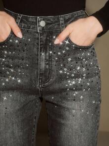 Anewsta 时尚水钻装饰女式黑色紧身裤 - 黑色 - 查看 1