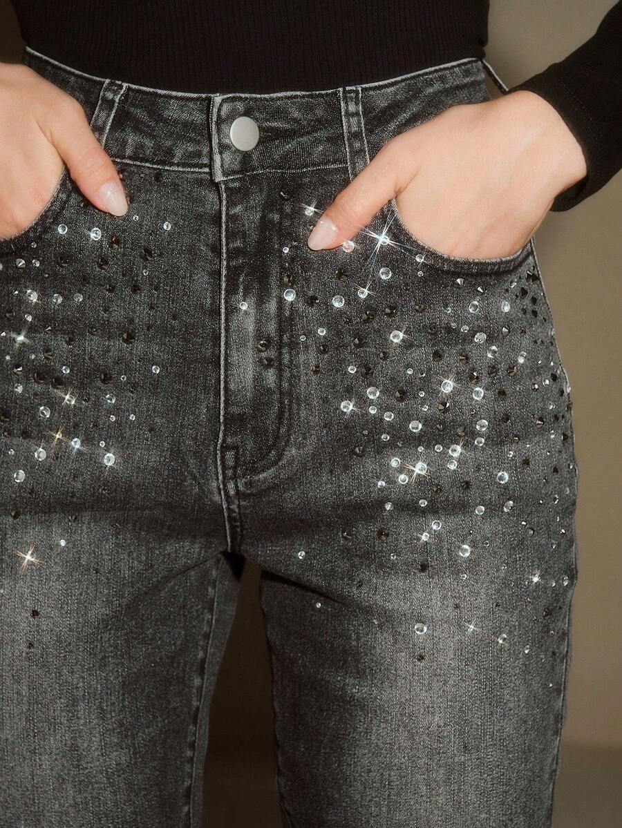 Anewsta 时尚水钻装饰女式黑色紧身裤 - 黑色 - 查看 1