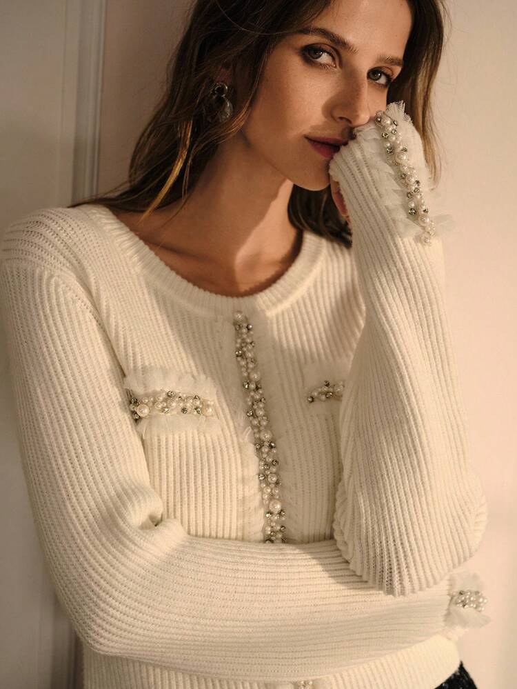 FAUX PEARL TRIM SLIM FIT SWEATER