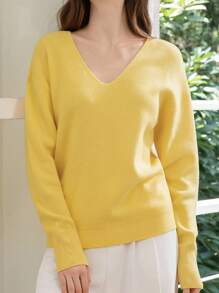 INAWLY 休闲简约纯色日常百搭女士长袖毛衣 - 黃色 - 查看 4