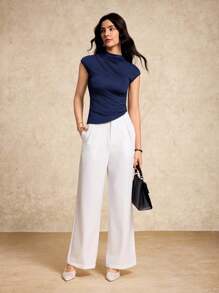 House of One Mock Neck Ruched Short Sleeves Asymmetric Hem Fitted Knit Top Women Summer Autumn Casual Top