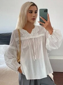Livesso Blusa de manga larga con empalmado de encaje y lazo delantero, estilo bohemio para vacaciones de verano - Blanco - Ver 8