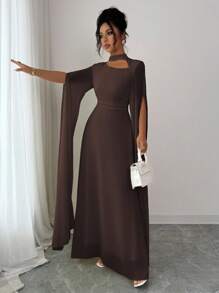 Elenzga 女士优雅法式浪漫度假风沙滩裙，雪纺透明面料，镂空领口，后背交叉系带，喇叭长裙，长袖，开衩袖口，适合下午茶、派对、中东风格、春夏季 - 棕色 - 查看 7