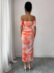 Selianne 女士优雅露肩扎染开衩修身连衣裙，秋季长款女装 - 橘色 - 查看 2