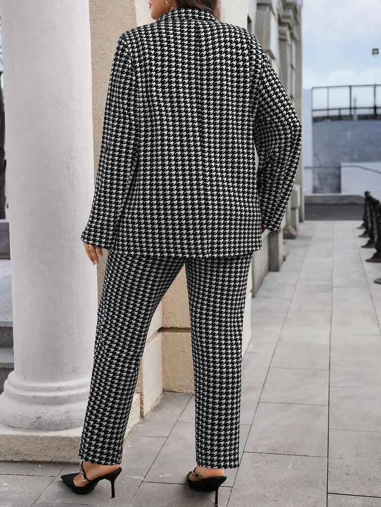 Plus Size Women Houndstooth Lapel Collar Long Sleeve Jacket And Pants Casual Suit Set Winter Fall Autumn, Curve Business Casual Outfits