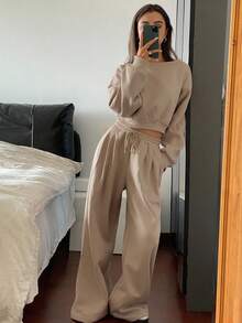 DAZY Women's Casual Off Shoulder Loose Sweatshirt And Wide-Leg Pants 2 Pieces Set, Autumn Lounge Sets For Women - Khaki - View 6