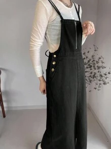 FRIFUL Robe salopette en jean décontractée pour femmes avec fermeture éclair à demi-patte et design de boutons latéraux - Noir - Voir 4
