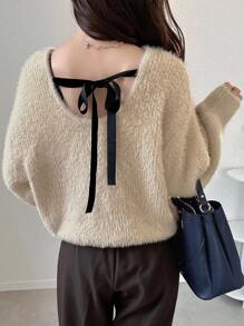 FRIFUL 女士圆领撞色蝴蝶结后背宽松厚绒毛衣秋冬 - 白色 - 查看 7