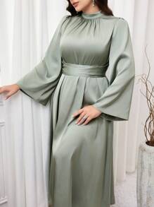Modelyn Plus Size Women's Solid Color Stand Collar Flare Sleeve Ruched Elegant Dress - Green - View 1