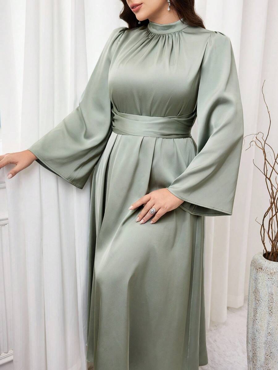 Modelyn Plus Size Women's Solid Color Stand Collar Flare Sleeve Ruched Elegant Dress - Green - View 1