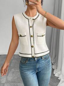 Elenzga 商务休闲女装秋季服装，撞色无袖单排扣针织背心，适合大学校园穿着 - 米色 - 查看 3