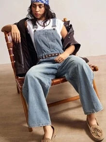 Bohemela 女式休闲宽松口袋设计阔腿牛仔连体裤 - 藍色 - 查看 2