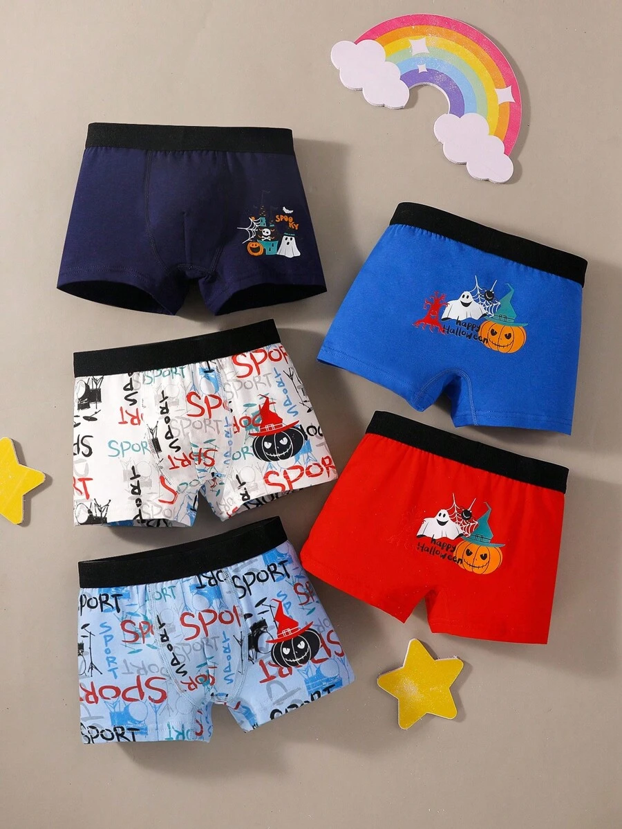 5pcs/Pack Boys Halloween Underwear, Colorful Cute Patterns, Comfortable Cotton Briefs - Multicolor - View 1